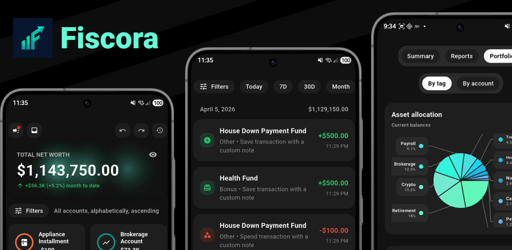 Fiscora feature graphic showing the brand and key product screens