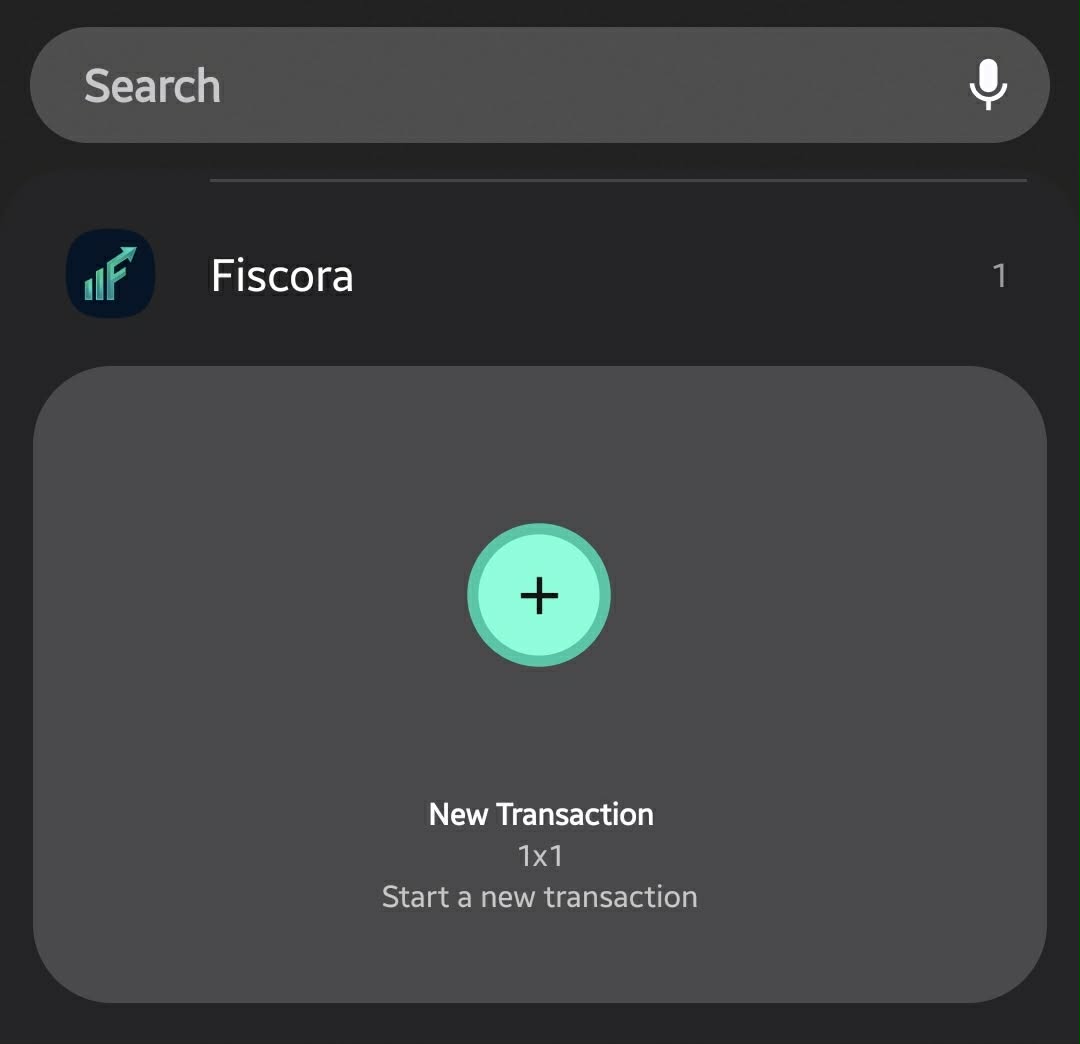 Android widget picker showing Fiscora's New Transaction home screen widget